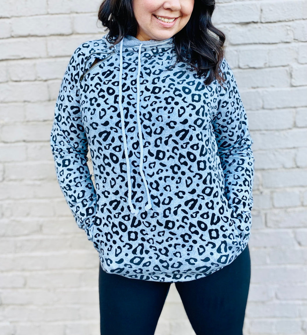 Gray leopard print hoodie with zipper and pocket