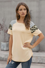 Load image into Gallery viewer, Khaki Striped Leopard Print Short Sleeve Women T-shirt
