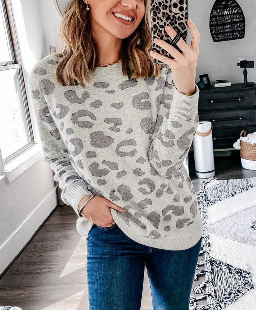 Gray Leopard Print Soft Knit Sweater